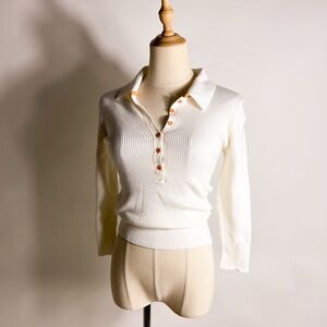 Y2K TAKEOUT Ribbed Henley Collared Cream Orange Cropped Sweater